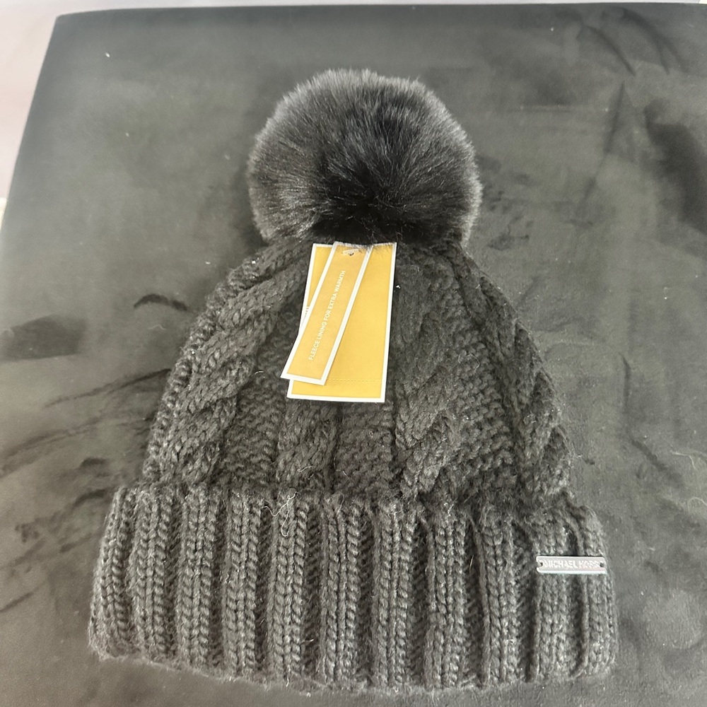 Michael Kors Black Knit Beanie with Pom-Pom